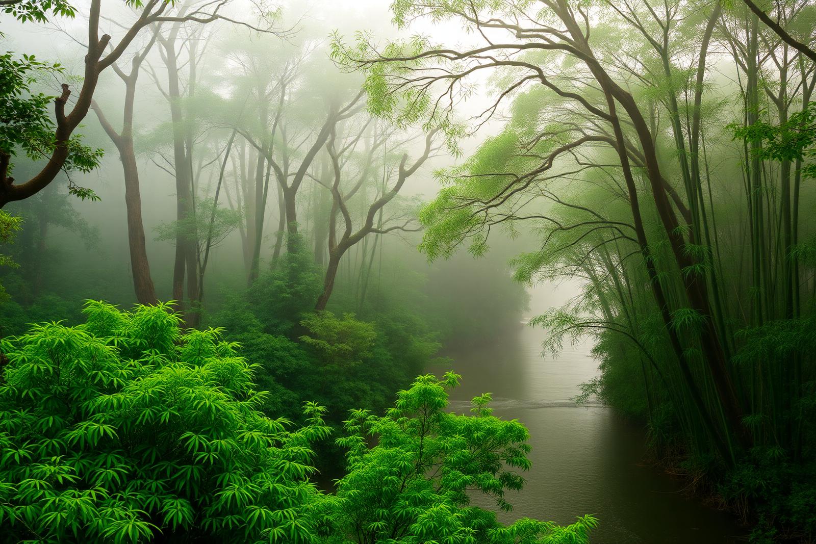 Misty green forest and Kabini river winding through Nagarhole National Park