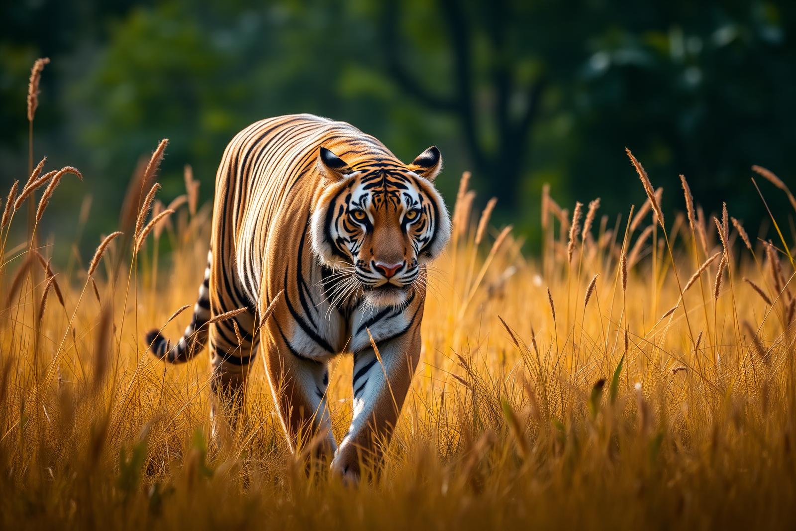 Majestic Bengal tiger walking through tall golden grass in a South Indian jungle