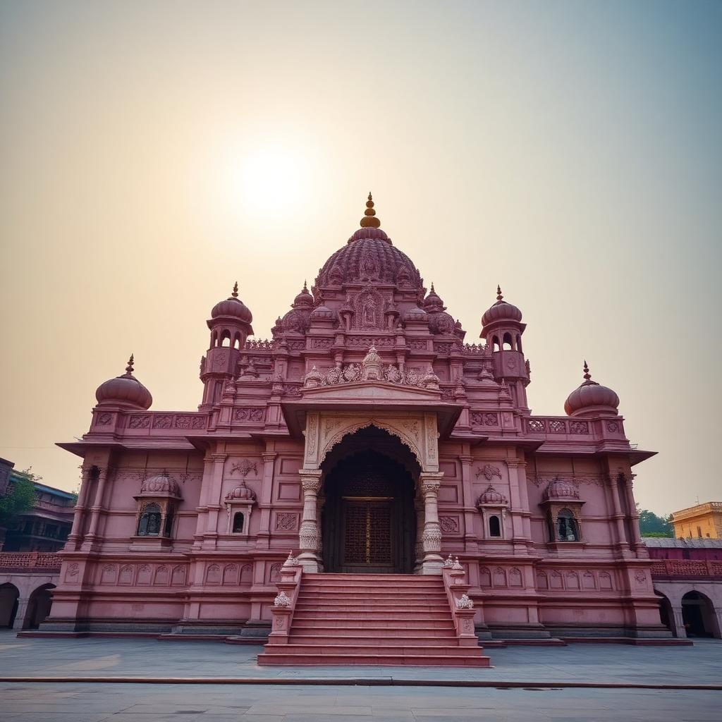 Magnificent pink sandstone Ayodhya Ram Mandir with intricate carvings at golden hour