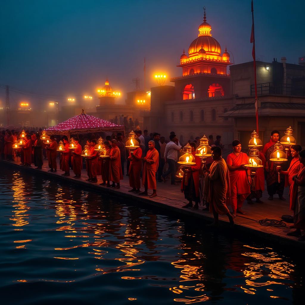 Dashashwamedh Ghat Varanasi at evening Ganga aarti with priests holding brass lamps