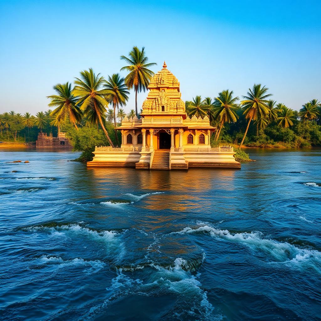 Kateel Durga Parameshwari Temple on the Nandini river island surrounded by palms
