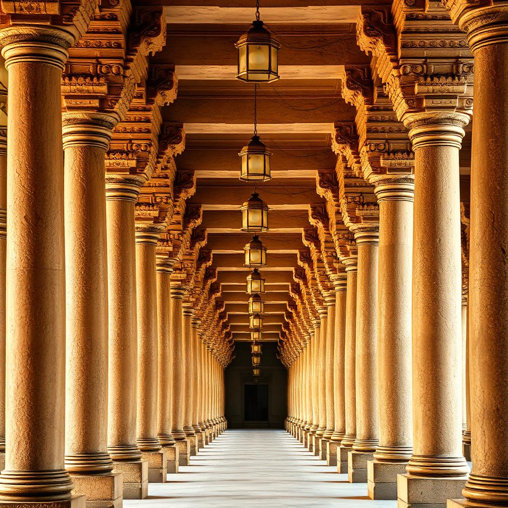 South Indian temple corridor lined with stone pillars and hanging brass lamps