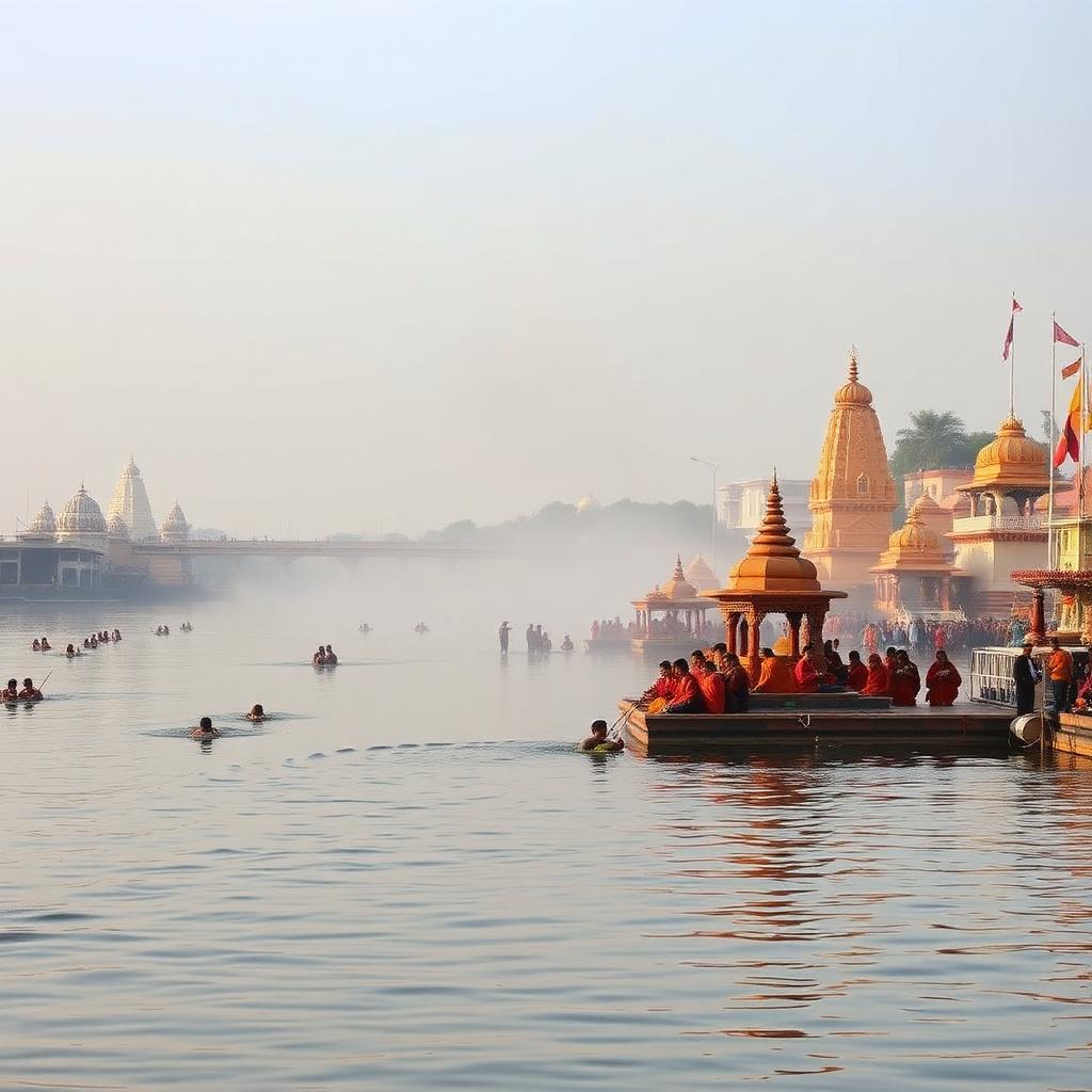 Nashik Godavari river Ramkund ghat with pilgrims performing rituals at dawn