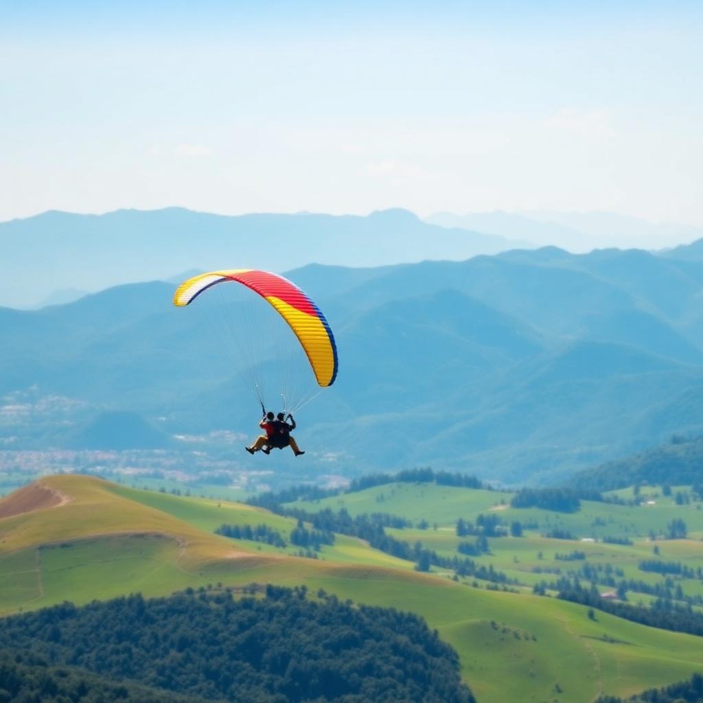 Paraglider soaring above the green Vagamon meadows