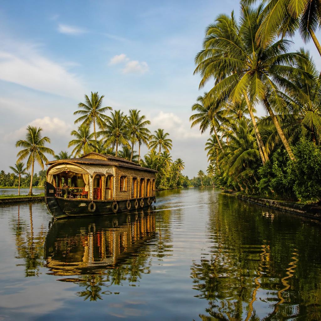 Traditional houseboat cruising through the palm-fringed Alleppey backwaters