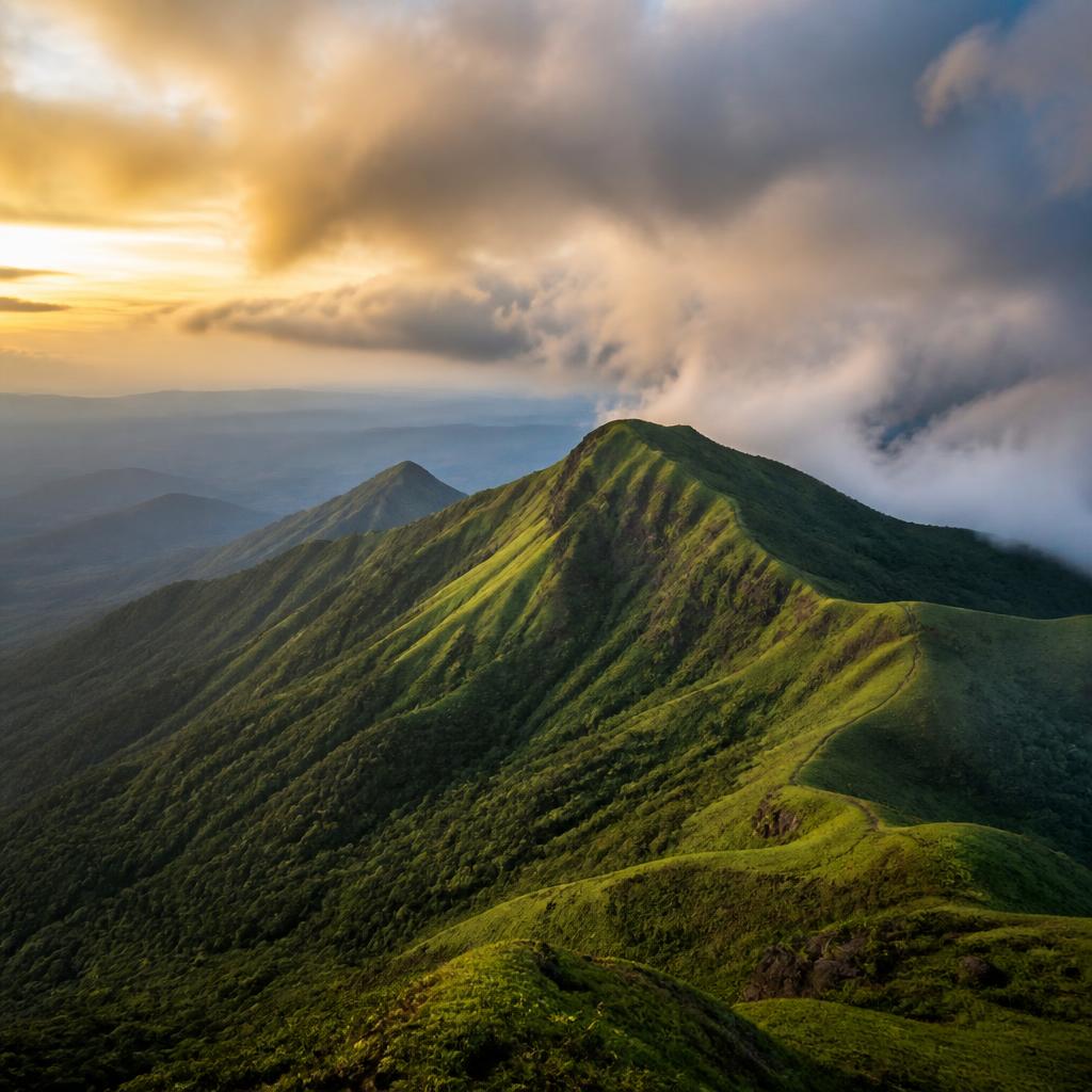 Sunset over Kodachadri peak with misty clouds and green valleys