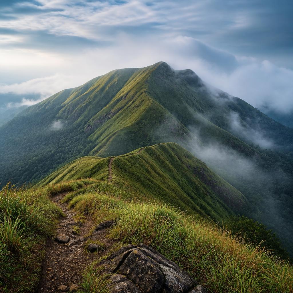 Dramatic mountain ridge trail at Netravati Peak trek in Karnataka