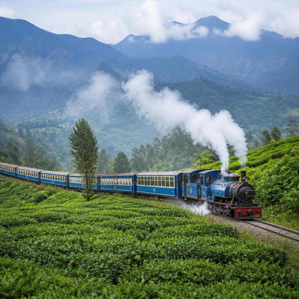 Nilgiri mountain railway passing through scenic Ooty tea gardens
