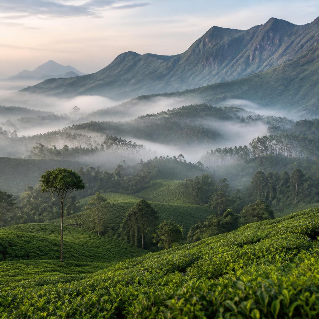 Misty tea plantations and forested mountains in Wayanad, Kerala