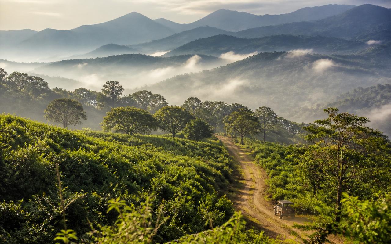 Jeep safari trail winding through misty green hills of Masinagudi
