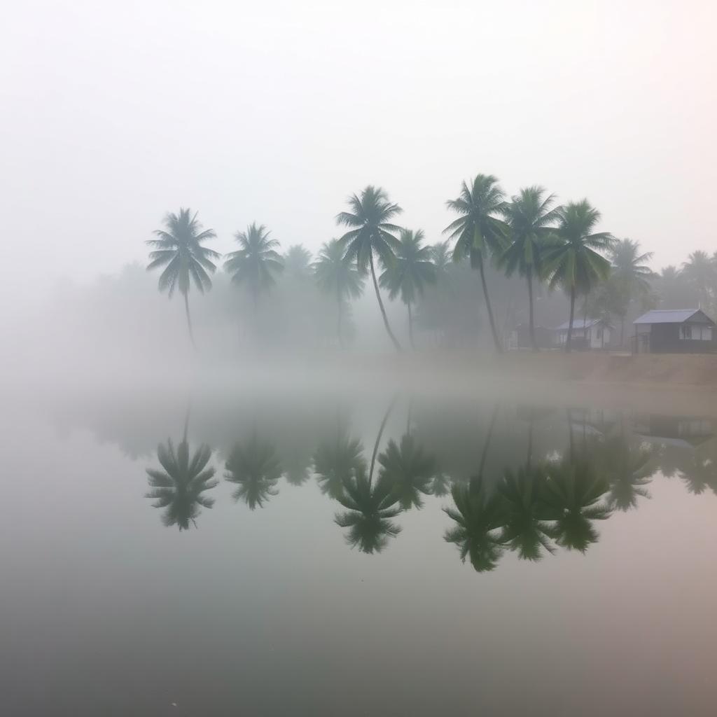 Serene Alleppey backwater canal at dawn with mist and coconut trees