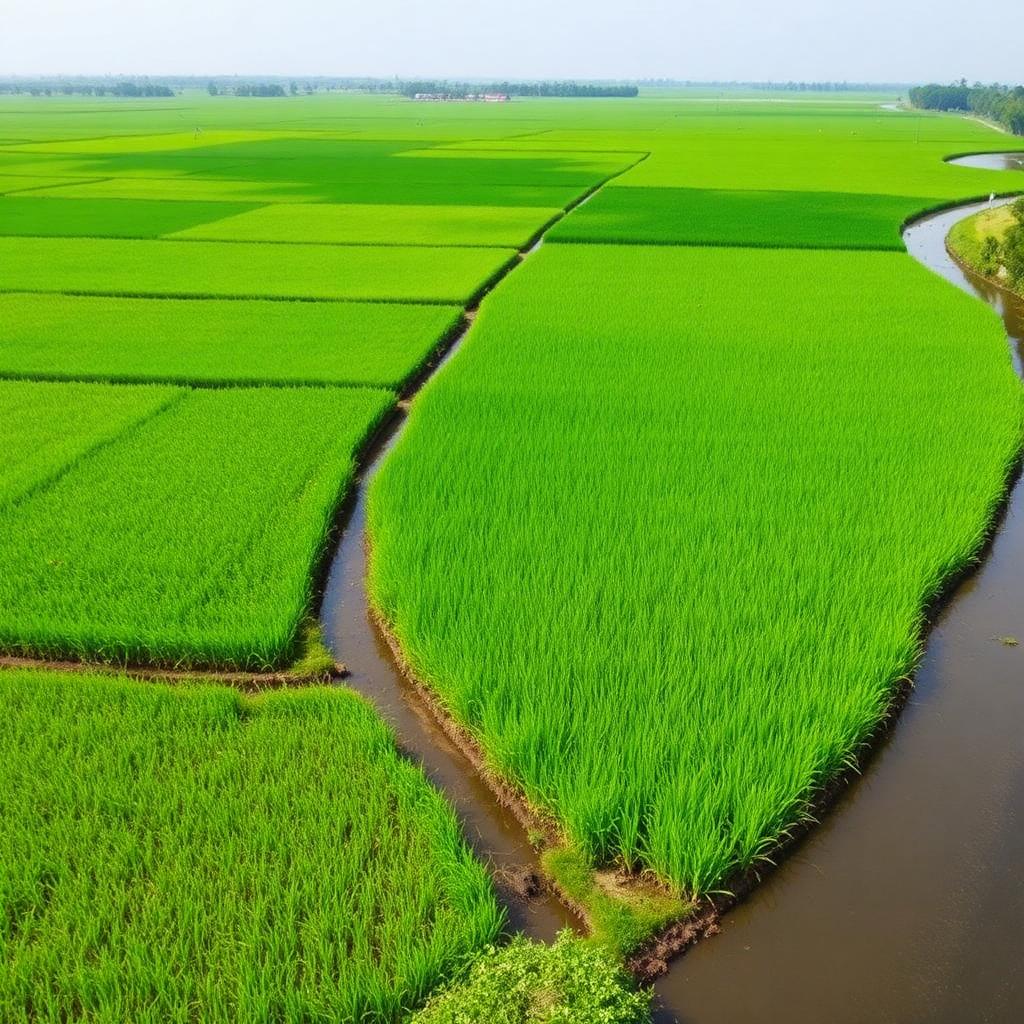 Emerald green Kerala paddy fields beside Alleppey backwater canals