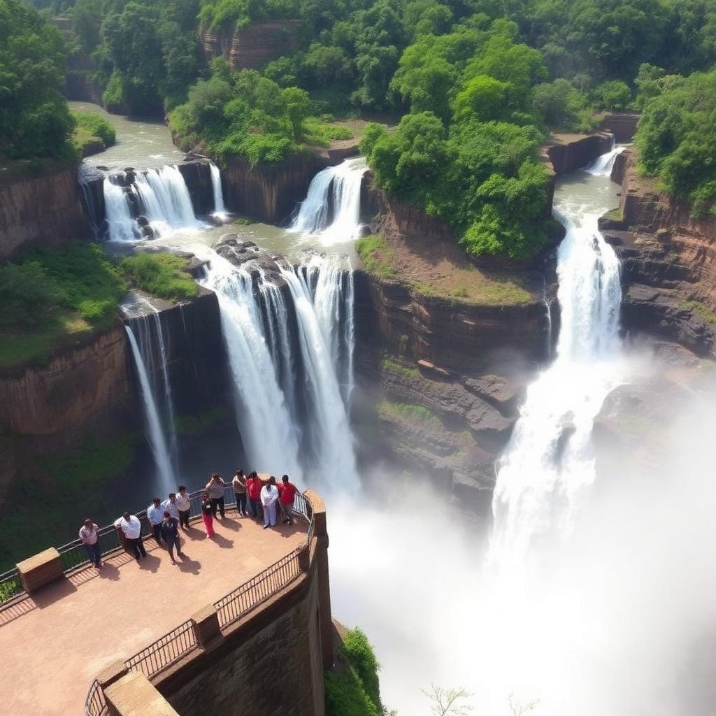 Elevated viewpoint over Jog Falls with tourists observing the plunge