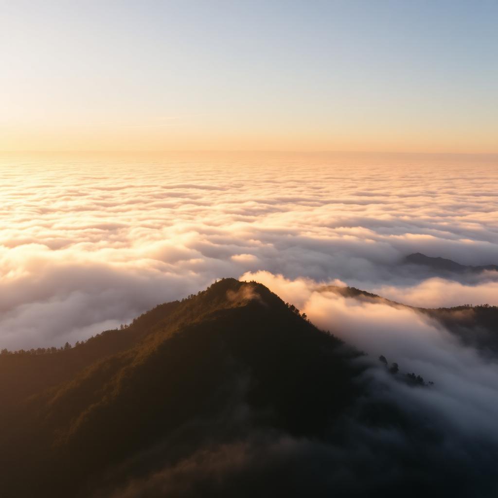 Ethereal sea of clouds rolling over Kodachadri peak at golden hour