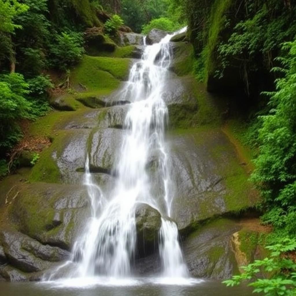 Hidlumane Falls cascading through mossy rocks in dense Kodachadri forest