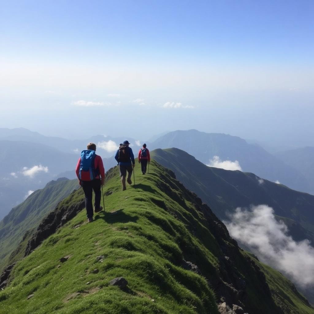 Trekkers walking a green ridge trail on Kudremukha peak
