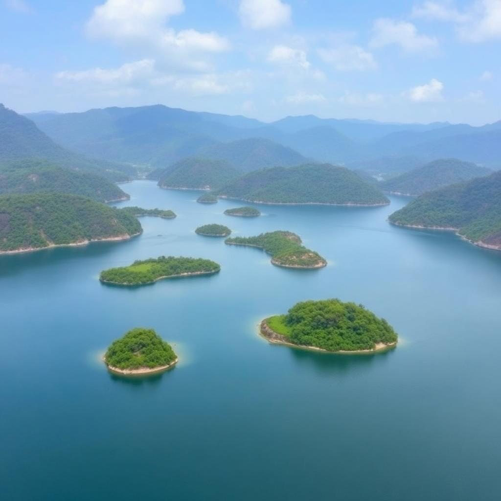 Banasura Sagar Dam reservoir with green islands emerging from blue water