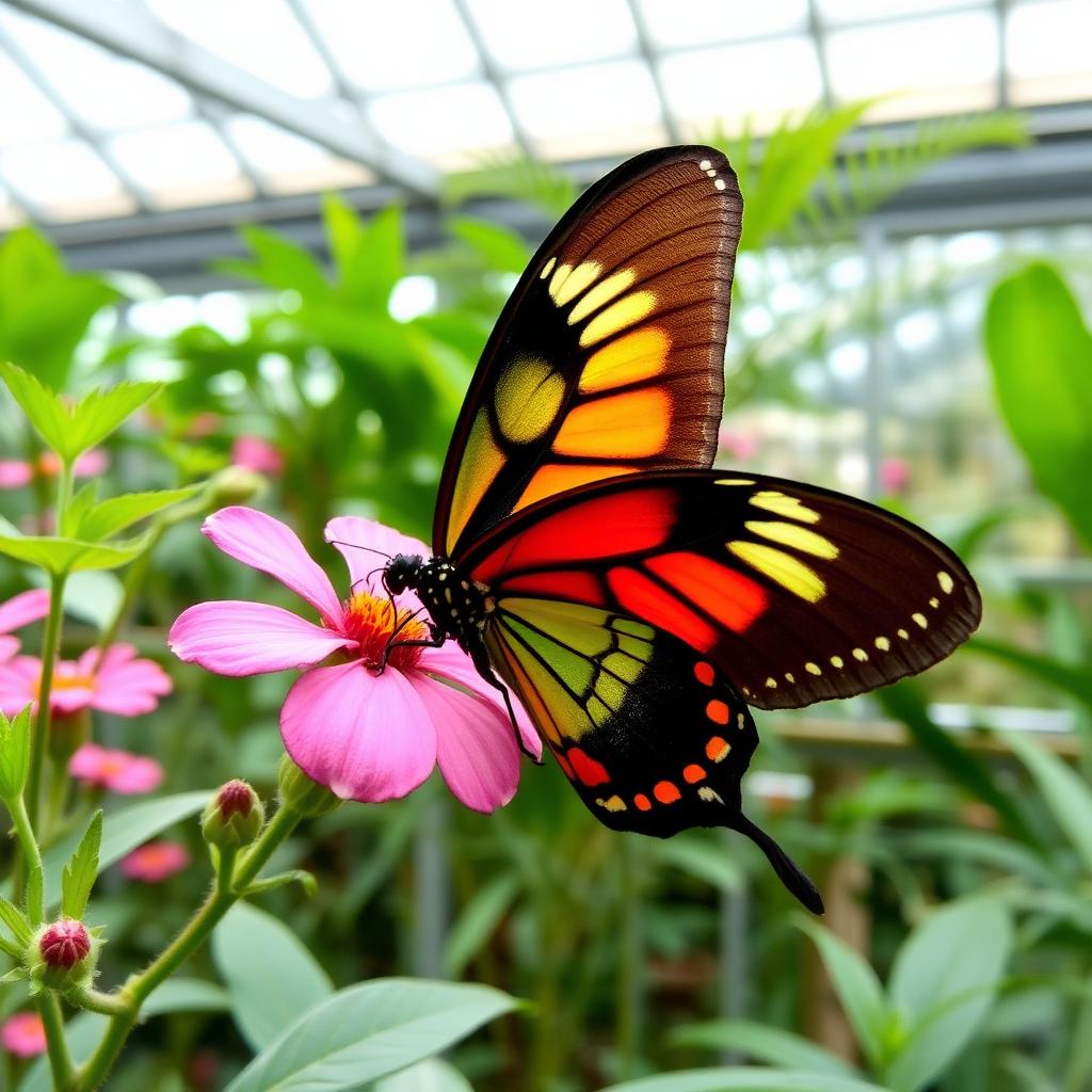 Vibrant tropical butterfly on a pink flower inside Bannerghatta Butterfly Park