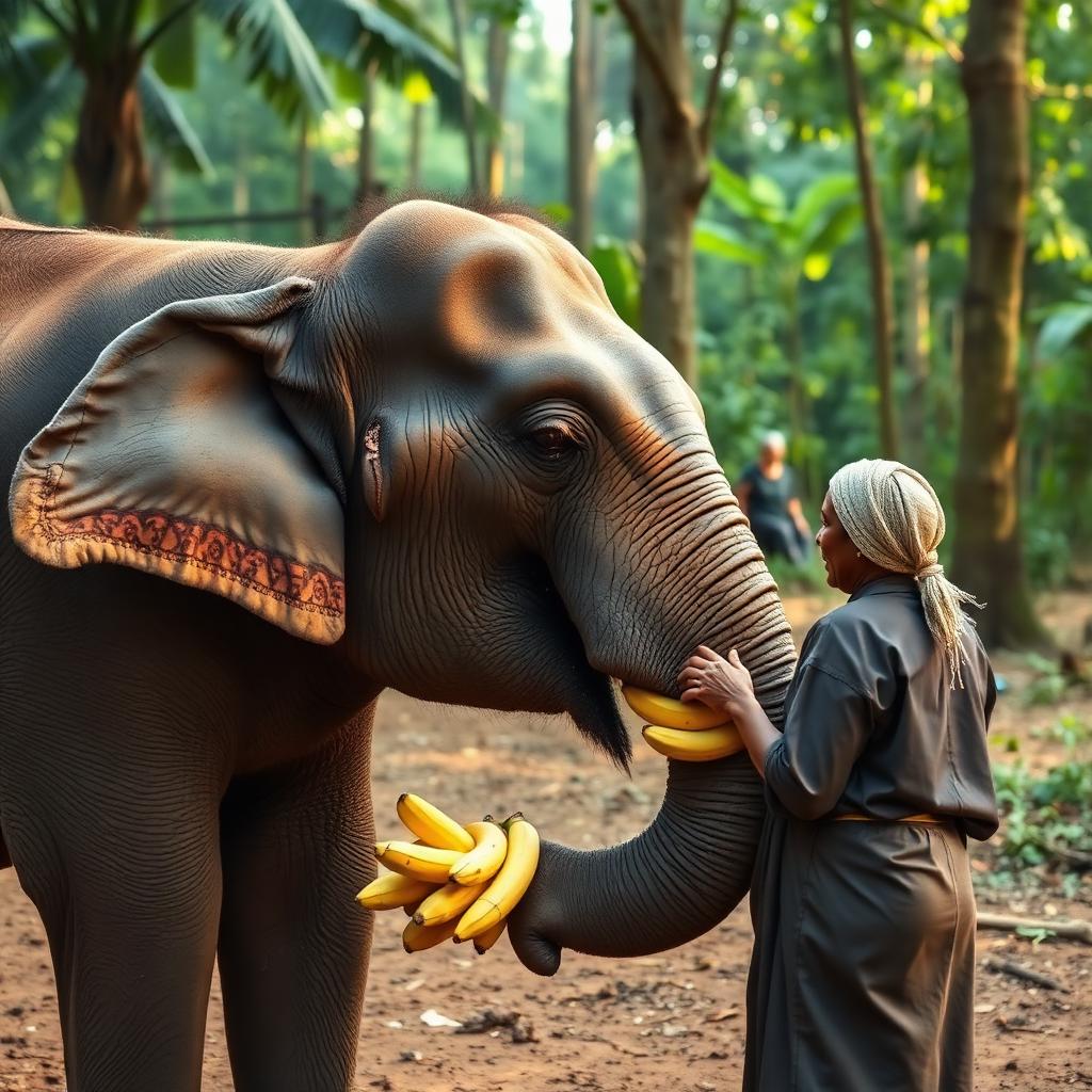 Gentle Indian elephant being fed bananas at Bannerghatta elephant interaction area