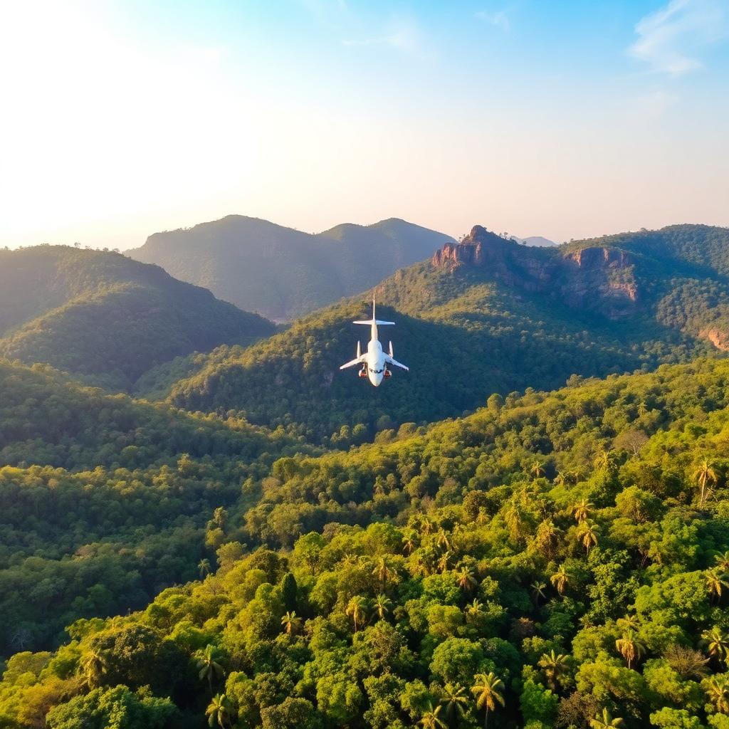 Aerial view of forested Bannerghatta National Park hills near Bengaluru at golden hour