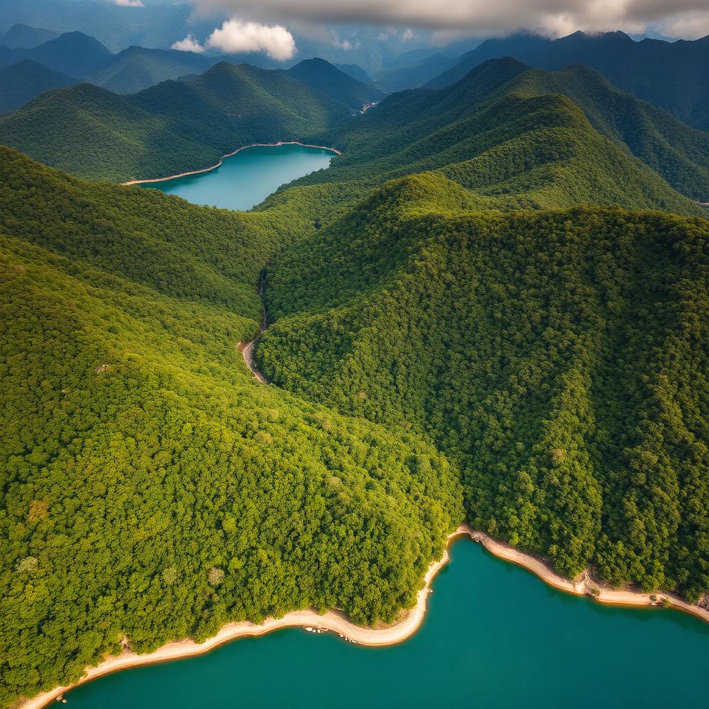 Bhadra reservoir surrounded by dense Western Ghats forest reflecting golden dawn light