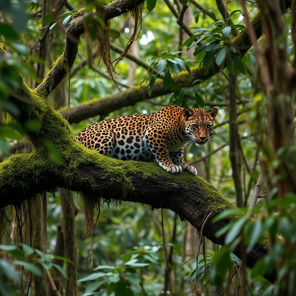 Leopard resting on a mossy tree branch in the Bhadra Wildlife Sanctuary canopy