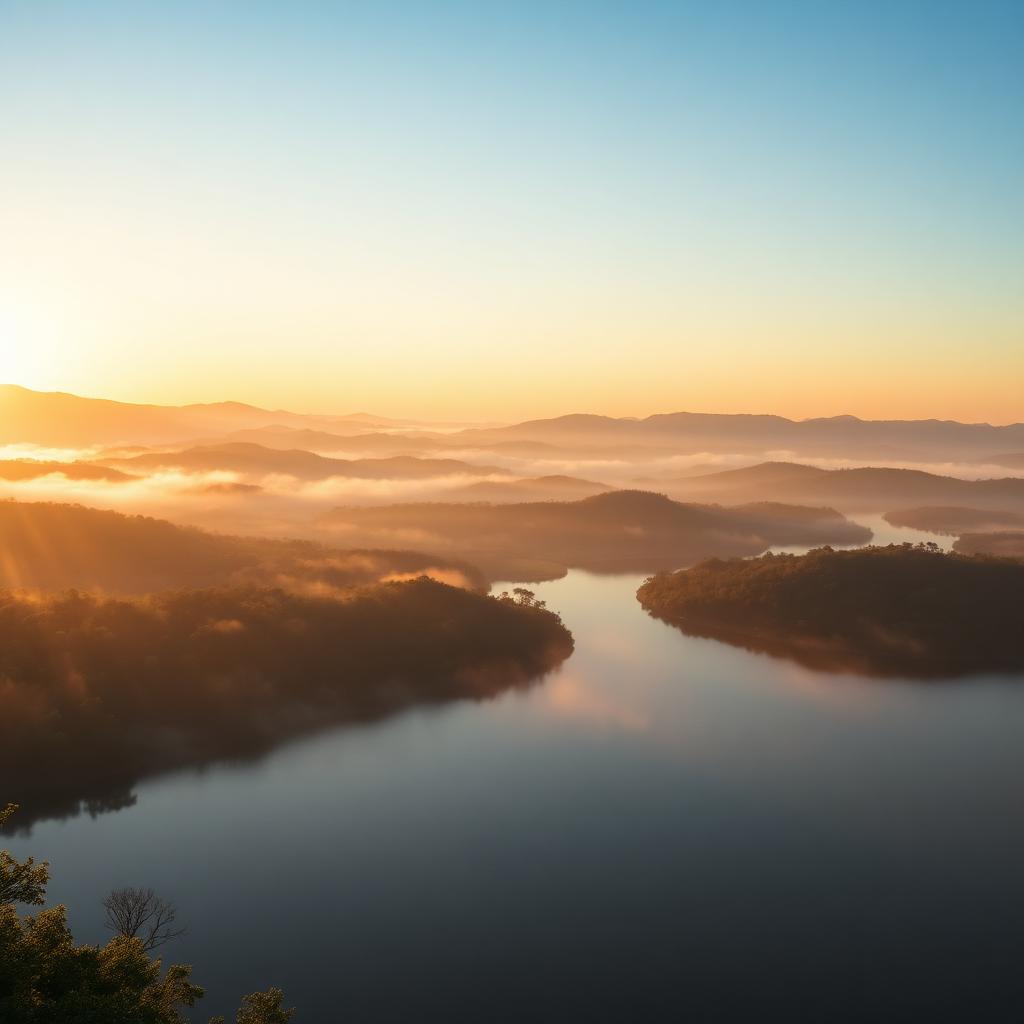 Golden-hour view over the Kabini reservoir with mist rising above the water