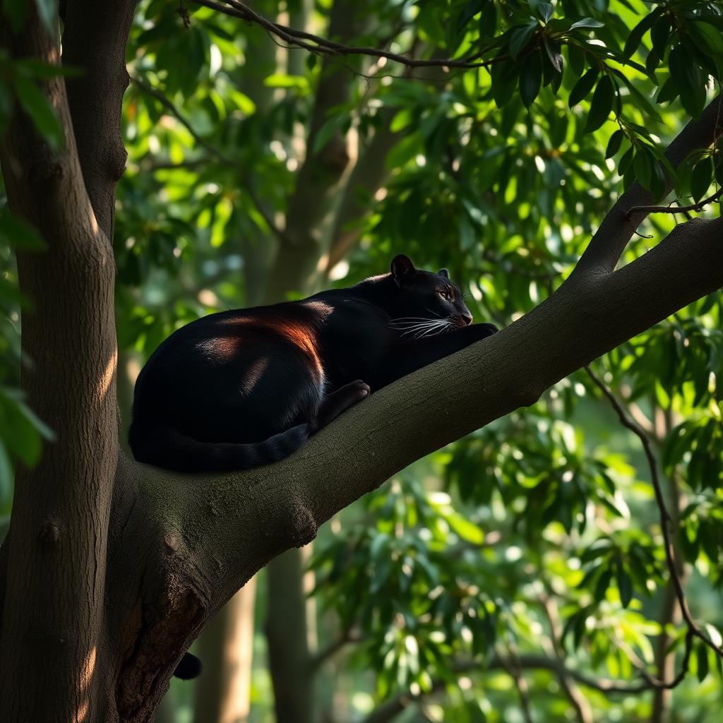 Indian black leopard resting on a tree branch in dense Kabini forest