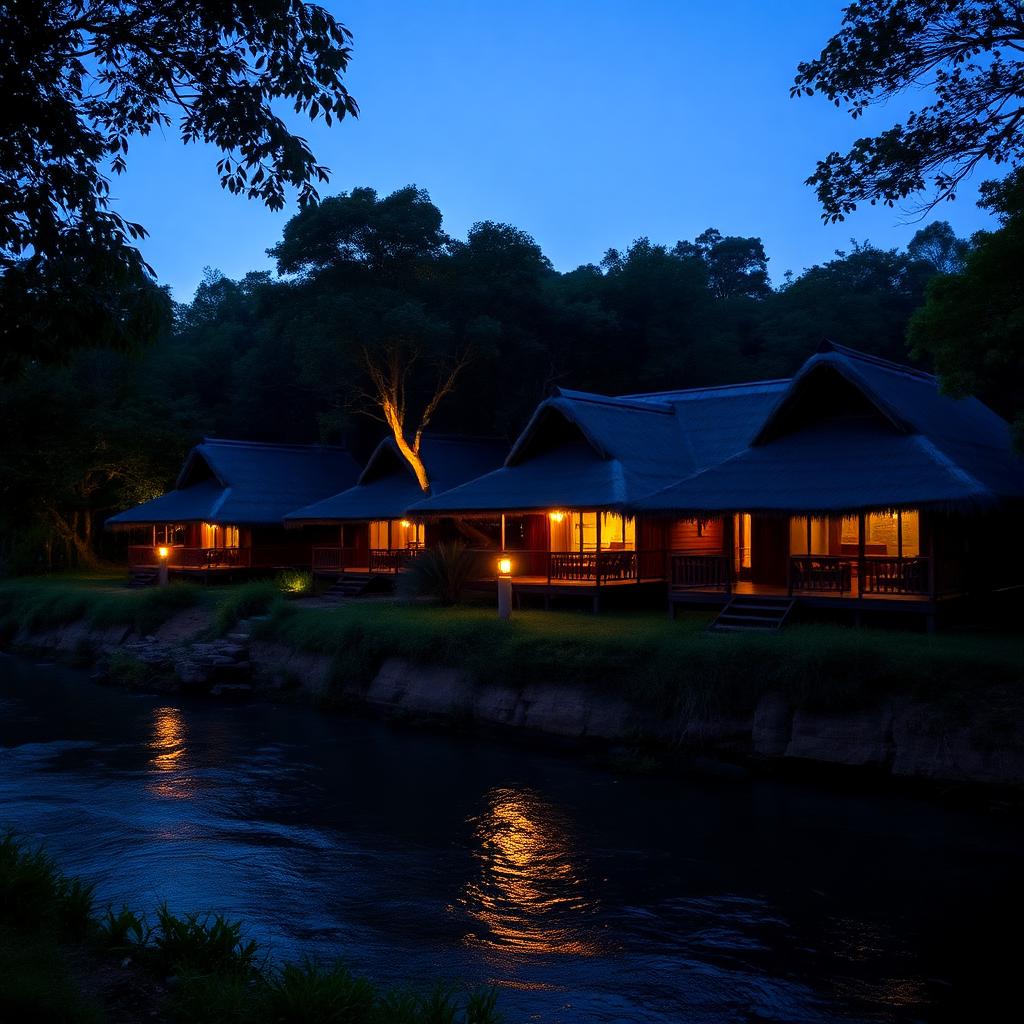 Rustic luxury jungle lodge beside Kabini river glowing at dusk