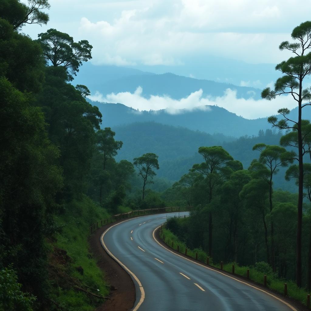 Winding forest road through misty green Masinagudi valley at sunrise