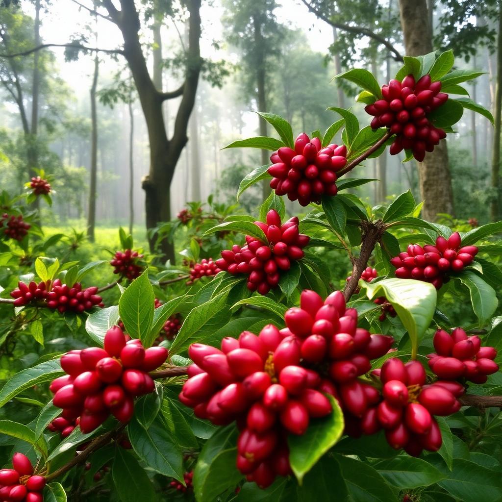 Coffee plantation walk with ripe red cherries in Yercaud