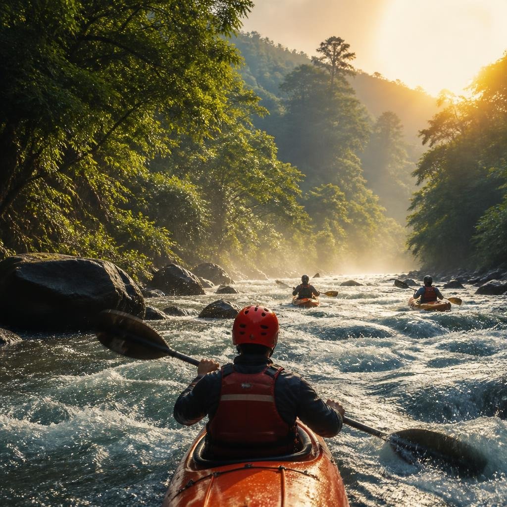 Lush Dandeli forest with the emerald Kali river winding through the Western Ghats at golden hour