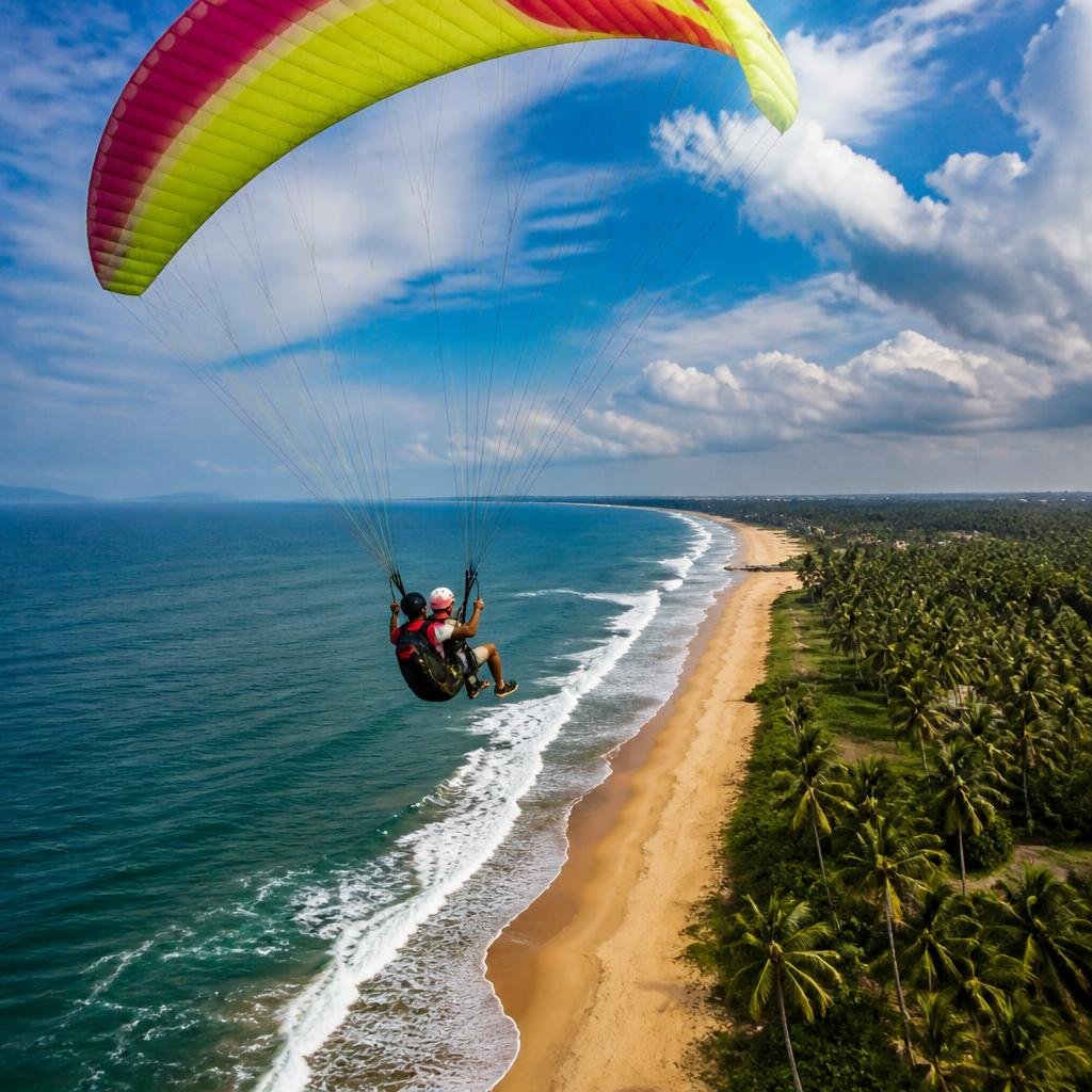 Aerial view of Kannur's golden coastline at sunset with turquoise Arabian Sea waters and palm-fringed beaches