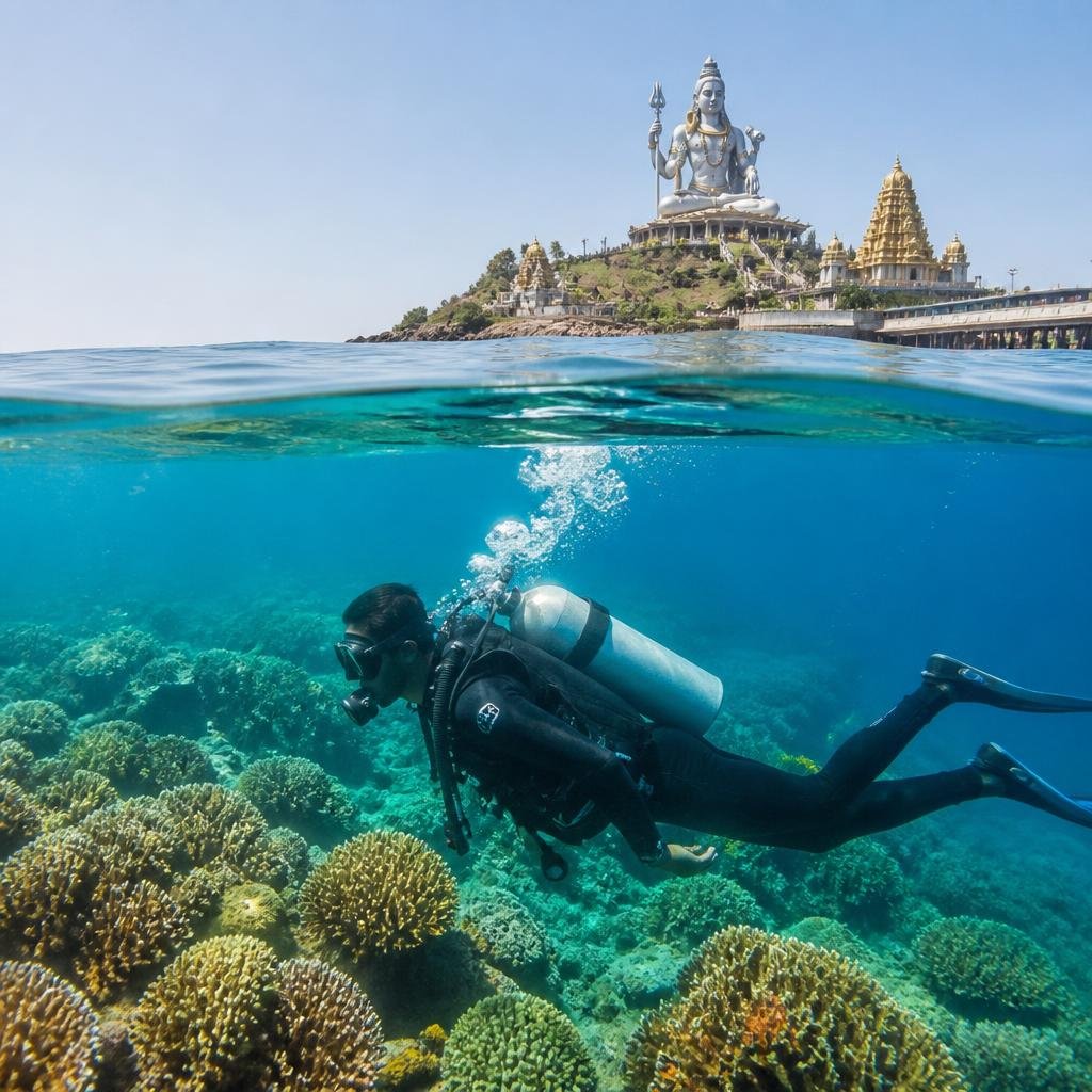 Murudeshwara Temple towering above the turquoise Arabian Sea at golden hour with pristine beach and palm trees