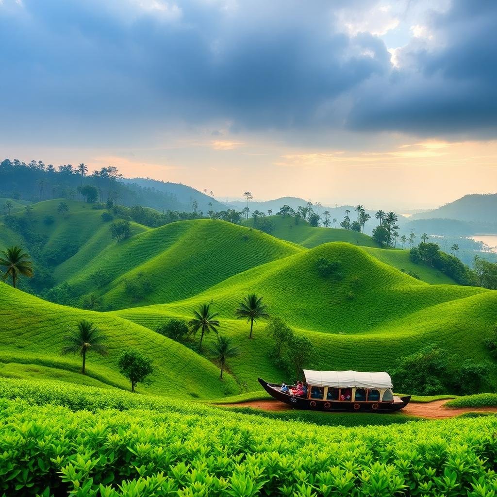 Kerala tea gardens of Munnar, Periyar wildlife lake in Thekkady and Alleppey houseboat backwaters at golden hour
