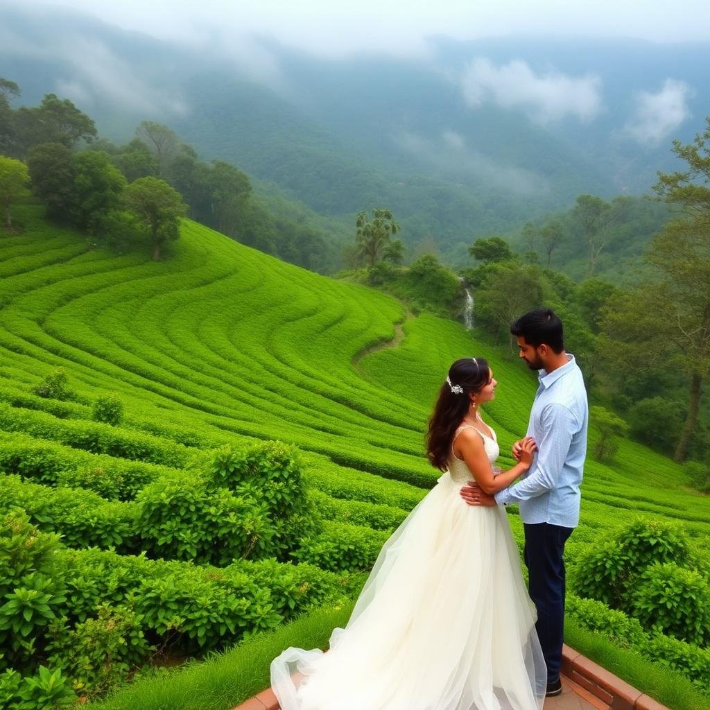 Wayanad tea estates, Chembra Peak and Ooty hills at dawn — Nilgiri honeymoon panorama