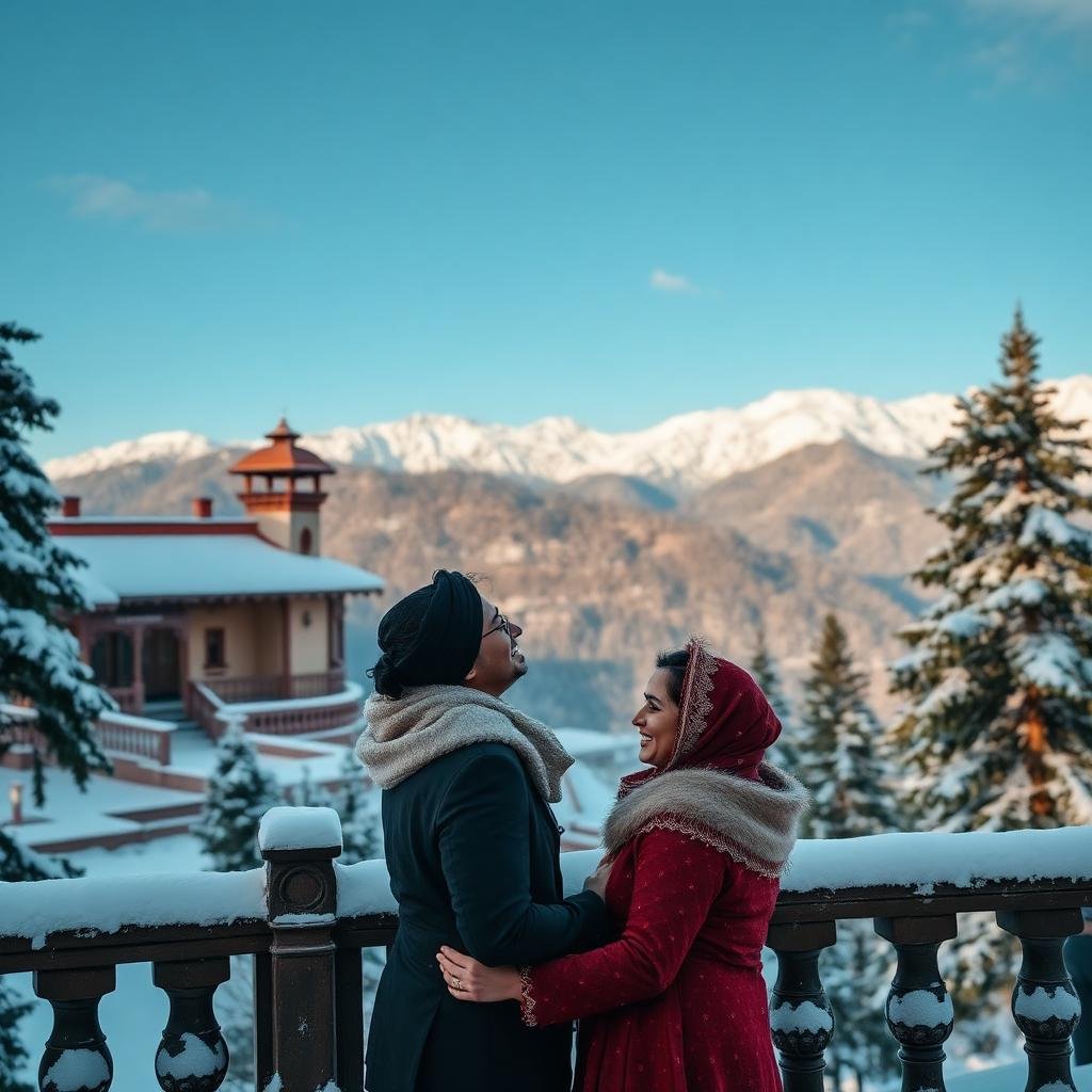Snow-covered Shimla rooftops with colonial church and Himalayan peaks at sunrise