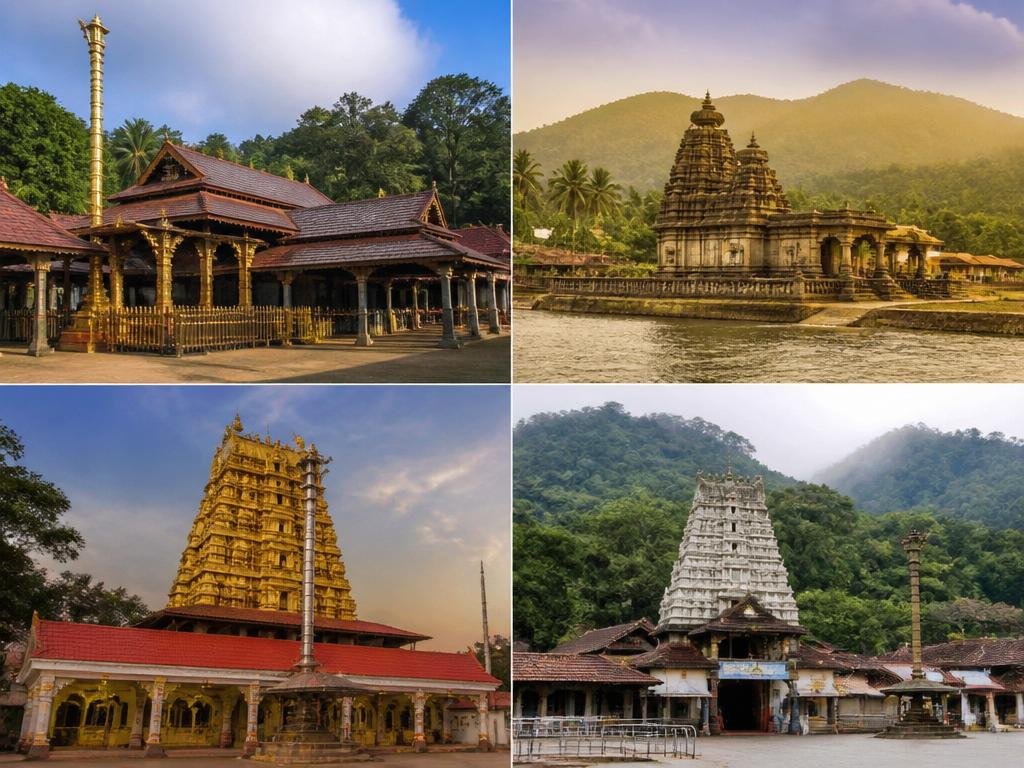 Sacred temples of Karnataka amidst the misty Western Ghats at golden hour — pilgrimage tour
