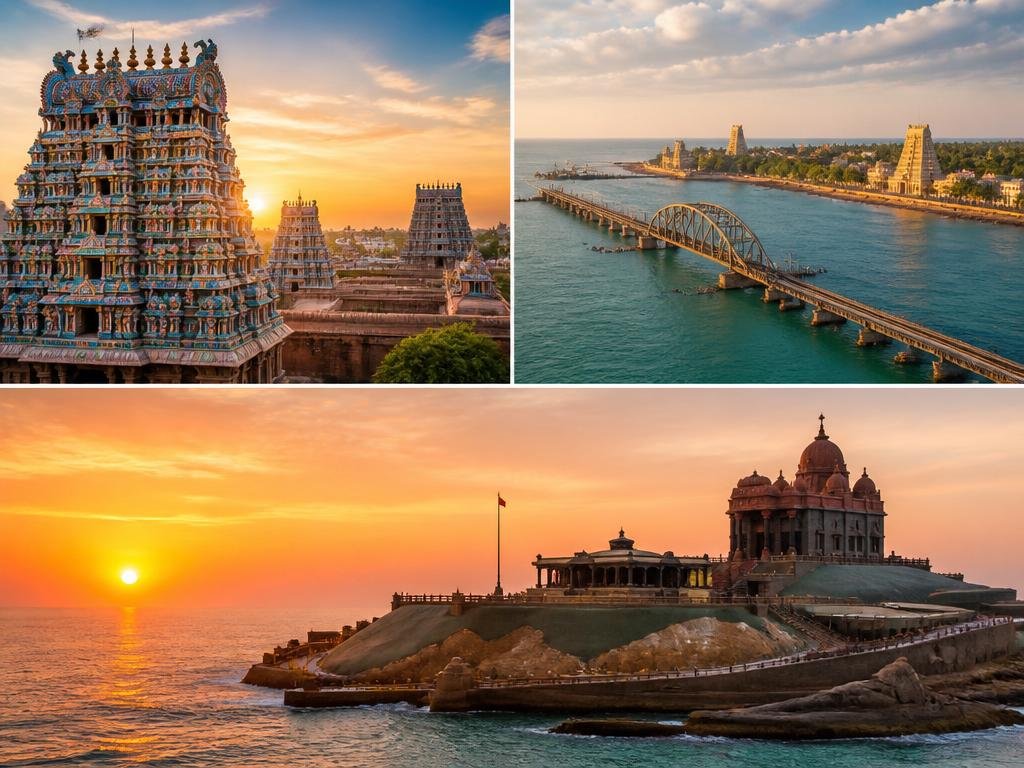 Sacred temples of Tamil Nadu and coastal Kanyakumari at golden hour — South India pilgrimage tour