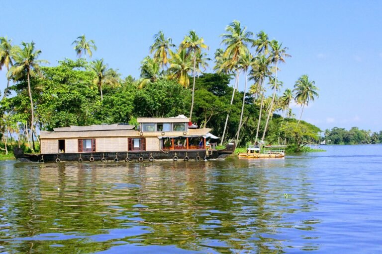 A traditional houseboat moored on calm, palm-fringed backwaters