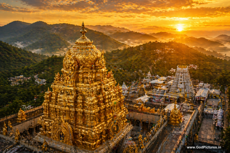 An ornate gilded temple tower rising above green forested hills
