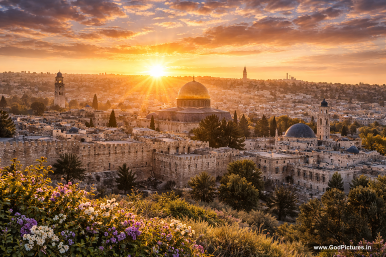 A panoramic view over a historic city skyline with a large domed cathedral at sunset