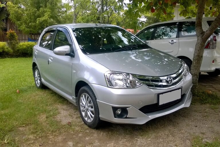 A silver car parked on a grassy lawn