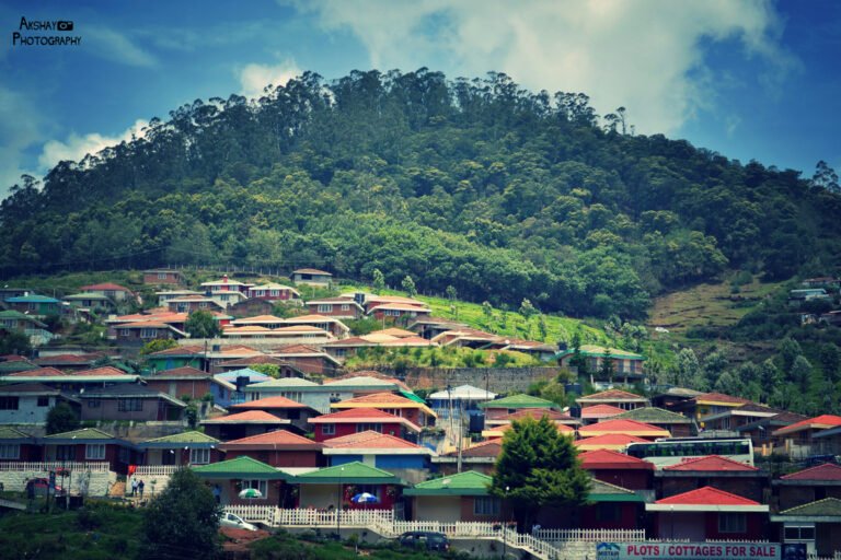A hillside town of tiled rooftops nestled among green hills
