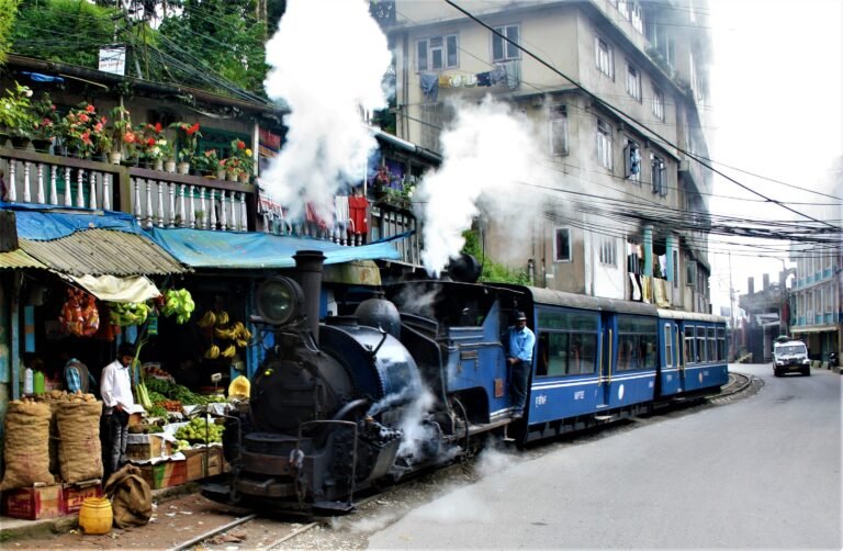 A heritage narrow-gauge hill train steaming through a busy mountain-town street