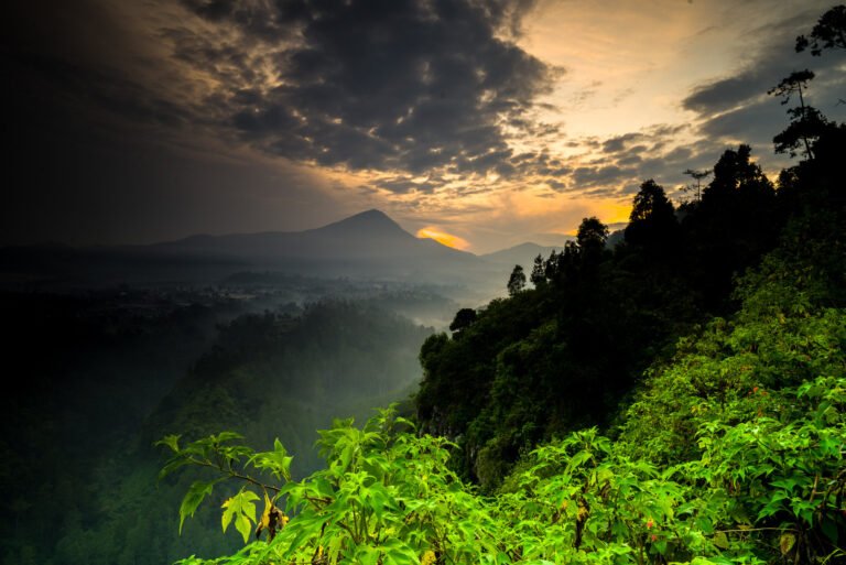 The sun rising over layered, mist-covered forested hills